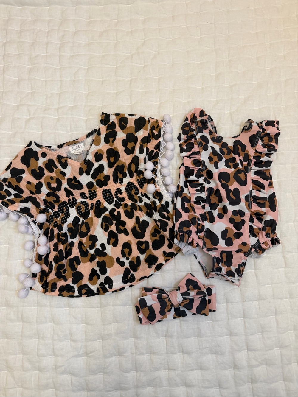 Mud Pie Pink and Brown Leopard Ruffle Swimsuit Set with Pom Pom Top
